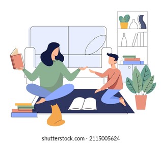 Home schooling. Mom or tutor study books together with the boy