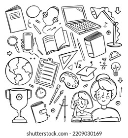 HOME SCHOOLING MONOCHROME Hand Drawn Vector Collection Various School Supplies For Concept Online Learning Of Students On The Internet In Doodle Style