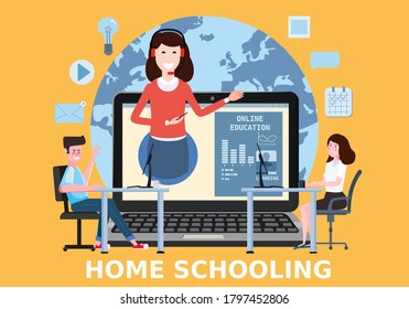 Home Schooling Online boy girl and teacher studying with computer. The concept of online learning at home, online test, distance learning. Vector illustration isolated