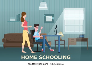Home Schooling Online boy studying with computer and mother. The concept of E-learning at home, online test, distance learning. Vector illustration isolated