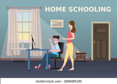Home Schooling Online boy studying with computer and mother. The concept of E-learning at home, online test, distance learning. Vector illustration isolated