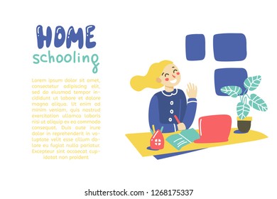 Home schooling. Сhildren online education. Happy girl waving hand. Vector illustration in hand drawn style