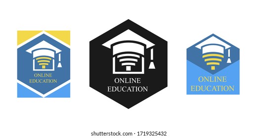 Home Schooling, Online Education, Homeschooling Concept Design Logo, Icon, Sign. Quarantine In School, Collage, University, Work. Graduation Cap House And Text Online Education. Vector Illustration