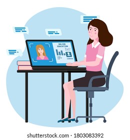 Home Schooling Online girl studying with computer and books, smile. The concept of online learning at home, online test, distance learning. Vector illustration isolated