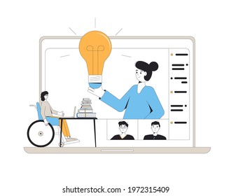 Home schooling. Online group diverse education for teenagers. Digital inclusion learning. Young student in wheelchair in virtual classroom have a lesson. Video course. Vector concept illustration.
