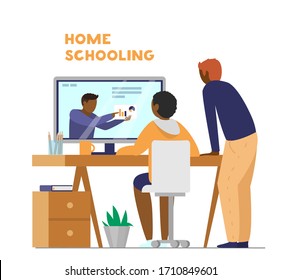 Home schooling or online learning concept. Afro-american kid learning online at home. Teacher on screen. Dad standing near. Flat vector illustration.