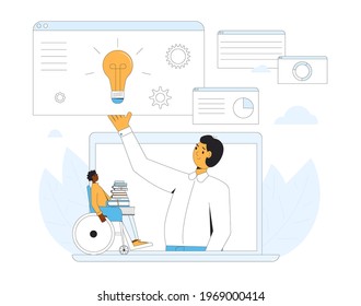Home schooling. Online personal education for teenagers. Disabled wheelchair young man have an online class. Digital inclusion learning. Video course. Vector line art concept illustration.