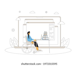 Home schooling. Online personal education for teenagers. Digital learning. Female  young student in wheelchair in virtual classroom have a lesson. Video course. Vector line art concept illustration.