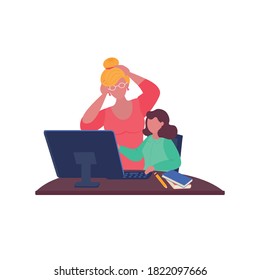 Home schooling. Parents helps the child learn. Mom and child can't cope with difficult homework learn. Vector illustration