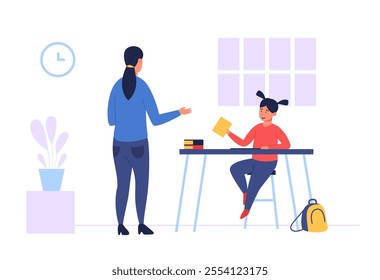 Home schooling scene depicting teacher explaining lesson to young student sitting at desk at home during quarantine. Education, learning and mentoring concept. Flat vector illustration.