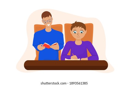 Home schooling, tutor, father teaches son to write, parent helps to do homework for the child, preparation for school, vector illustration in flat style