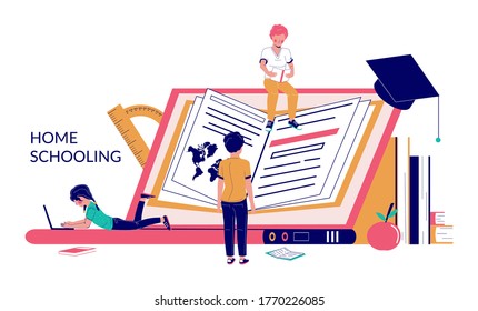 Home schooling, vector flat illustration. Huge laptop and tiny school children reading books. Home education, virtual school, e-learning concept for web banner, website page etc.