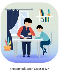 Home schooling. Vector illustration. Dad and son in the room doing homework. Dad explains a new topic to his son.