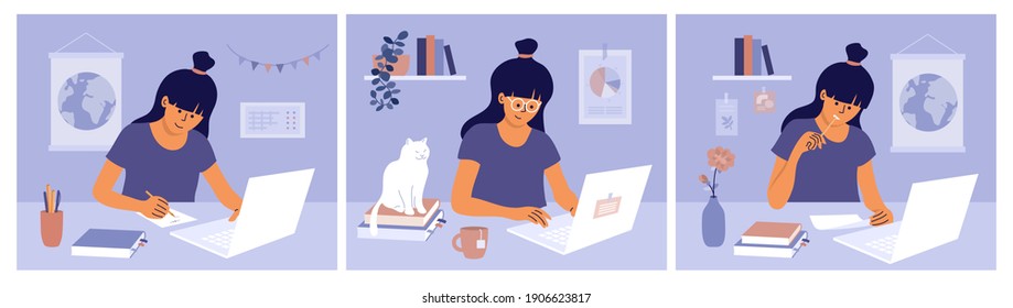 Home schooling vector illustrations set. Online education, e-learning, training concept. Young woman typing on laptop, writing, making homework. Student girl studying remotely. Computer distance work