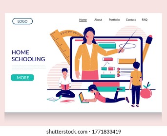 Home schooling vector website template, landing page design for website and mobile site development. Home education, remote learning, online school.