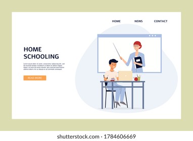 Home schooling web banner template with child cartoon character getting lesson online, flat vector illustration on white background. Homeschooling and distance education.