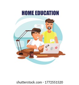 Hausunterricht, Vater helft dem Sohn bei der gemeinsamen Durchführung von Schulaufgaben.
    Kind, das am Schreibtisch sitzt und schreibt, Kinderlernen mit Laptop,
    flache Vektorgrafik auf Cartografik-Art