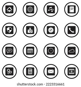 Home Screen Application Icons. Black Flat Design In Circle. Vector Illustration.