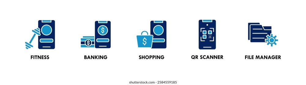 Home Screen Apps banner web icon illustration concept with icon of fitness, banking, shopping, qr scanner, and file manager