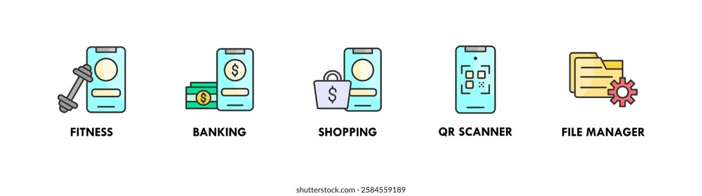 Home Screen Apps banner web icon illustration concept with icon of fitness, banking, shopping, qr scanner, and file manager