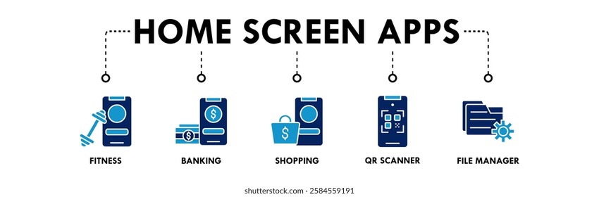 Home Screen Apps banner web icon illustration concept with icon of fitness, banking, shopping, qr scanner, and file manager