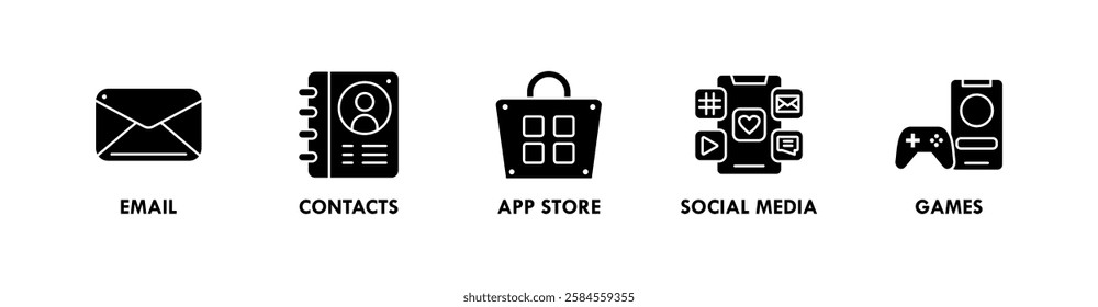 Home Screen Apps banner web icon illustration concept with icon of email, contacts, app store, social media, and games