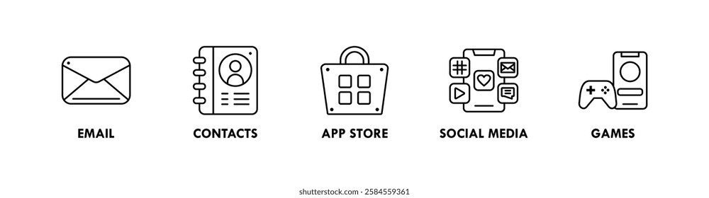 Home Screen Apps banner web icon illustration concept with icon of email, contacts, app store, social media, and games