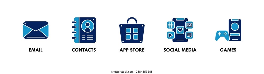 Home Screen Apps banner web icon illustration concept with icon of email, contacts, app store, social media, and games