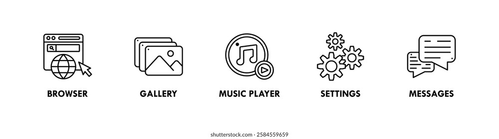 Home Screen Apps banner web icon illustration concept with icon of browser, gallery, music player, settings, and messages