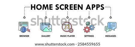 Home Screen Apps banner web icon illustration concept with icon of browser, gallery, music player, settings, and messages