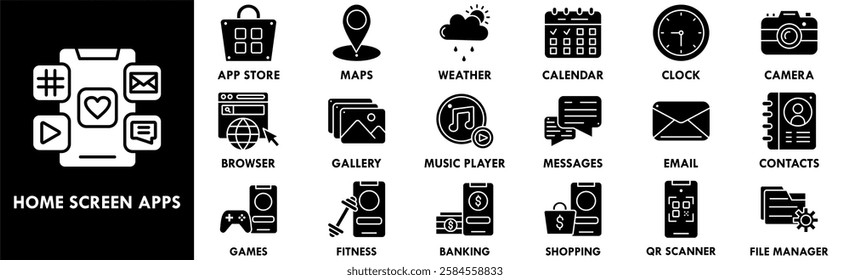 Home Screen Apps icon collection set. Containing design screen, mobile, smartphone, app, application