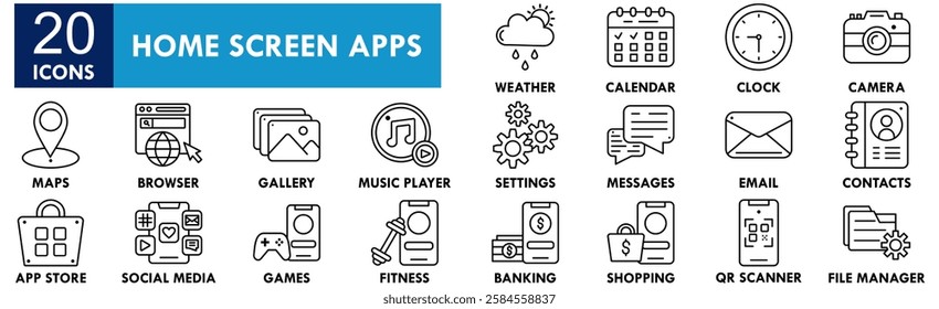Home Screen Apps icon collection set. Containing design screen, mobile, smartphone, app, application