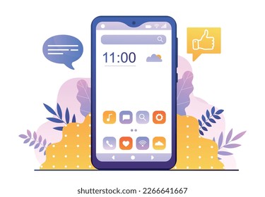 Home screen concept. UI and UX design, smartphone interface elements. Program, application and software for mobile phone. Touchscreen device with search bar. Cartoon flat vector illustration