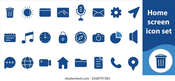 Home screen icon set, mobile, display, vector, design, computer, icon, phone, white, tablet, screen, symbol, illustration, black, website, flat, web, pc, multimedia, technology and more.