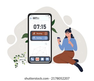 Home screen on smartphone. Girl with gadget or device in hands. Modern technologies and digital world. Woman looking at schedule of day, planning and setting goals. Cartoon flat vector illustration