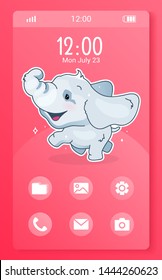 Home screen smartphone interface template with elephant kawaii character. Mobile app page pink layout. Cartoon homepage UI for kids application. Phone display with anime animal, app icons and tabs 