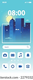 Home screen smartphone interface ui .Mobile home page layout .noon city illustration.