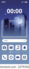 Home screen smartphone interface ui .Mobile home page layout .night city illustration.