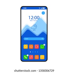 Home screen smartphone interface vector template. Mobile operating system page blue design layout. Search bar, forecast. Start screen with app icons, shortcuts. Flat UI for application. Phone display