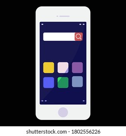 Home screen smartphone interface vector template. Mobile operating system page black design layout. Search bar  forecast. Start screen with app icons  shotcuts. Flat UI for application. Phone display