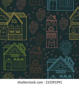 Home seamless background with house and hearts. Vector illustration.