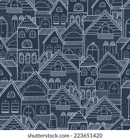 Home seamless background with house and hearts. Vector illustration, night street