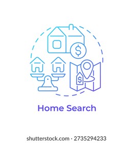 Home search blue gradient concept icon. Estate market, house purchase. Location pin. Round shape line illustration. Abstract idea. Graphic design. Easy to use in presentation, booklet