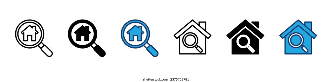 Home search icons. Searching house, home, real estate, property, residence with magnifying glass icon symbol in line and flat style on white background for apps and websites. Vector illustration