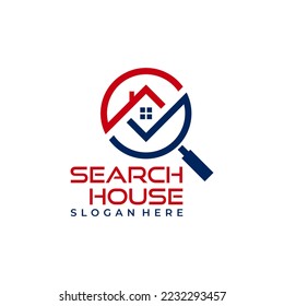 Logo de Home Search. Casa con ventana y chimenea y símbolo de magnificación. Plantilla de logotipo de icono de vectores de propiedad inmobiliaria, inmobiliaria y de agencia inmobiliaria.