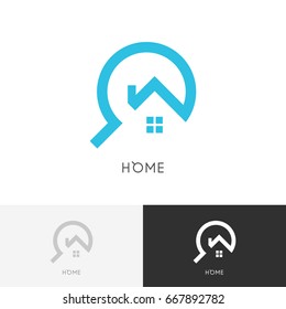 Home search logo - house with window and chimney and magnifier symbol. Estate agency, realty and real property vector icon.