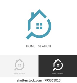 Home search logo - house with window and chimney and loupe or magnifier symbol. Estate agency, realty and real property vector icon.