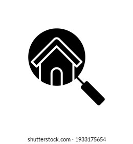 Ilustración de diseño vectorial de icono de Home Search. Vector de icono del logotipo de House Search en la ilustración de diseño plano. Diseño plano del icono del vector de búsqueda en casa de moda para sitio web, símbolo, logotipo, icono, signo, aplicación, interfaz de usuario.