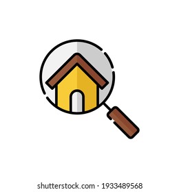 Ilustración de diseño vectorial de icono de Home Search. Vector de icono del logotipo de House Search en la ilustración de diseño plano. Diseño plano del icono del vector de búsqueda en casa de moda para sitio web, símbolo, logotipo, icono, signo, aplicación, interfaz de usuario.
