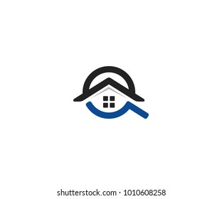 Home search logo template. House roof and magnifier vector design. Searching illustration